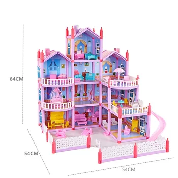 Princezná Veľké Villa DIY Dollhouses Ružový Hrad) Play Dom So šmýkačkou Dvore Auta Zmontované Doll House Hračky Pre Dievčatá, Deti Darčeky