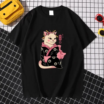 Ukiyoe Japonský Geisha Mačka Tlače Mužov Tričko Móde Voľné T-Shirt Ulici Vintage T-Shirts Šport Pohodlné pánske Krátke Rukávy