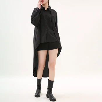 [EAM] Ženy Veľké Veľkosti Nepravidelný Čierna Blúzka Nové Klope Dlhý Rukáv Voľné Nosenie Tričko Fashion Príliv Jar Jeseň 2021 1DD389201