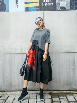 Kontrast farieb, vysoký pás Bežné ženské šaty letné verzia veľkosť kryt zoštíhľujúce brucho, šitie módne dlhé šaty