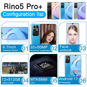 Globálna Verzia Rino5 Pro Smartphony 6800mAh 16+512 gb diskom 6.7 Palcový Mobilné Telefóny 32MP +50MP HD Kamera Android11 Dual SIM mobilné telefóny