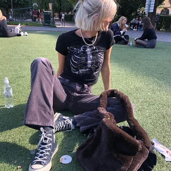 Letné Ženy Slim Black Topy Tee Košele Punk Streetwear-Krátke rukávy T-shirt Gotický Grunge Grafické Tlače Y2k Estetické Orezať Začiatok