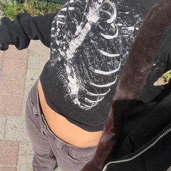 Letné Ženy Slim Black Topy Tee Košele Punk Streetwear-Krátke rukávy T-shirt Gotický Grunge Grafické Tlače Y2k Estetické Orezať Začiatok