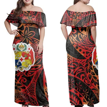 Doginthehole Ženy Jar Bežné Mimo Ramenný Maxi Šaty Červené Gradient Červená Polynézskej Tonga Tribal Vzor Oblečenie Voľné Štýl