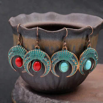 Etnické Žien Mesiac Kovové Turquoises Kameň Visieť Náušnice Bijoux Vintage Kmeňa Dámske Náušnice Tibetskej Šperky