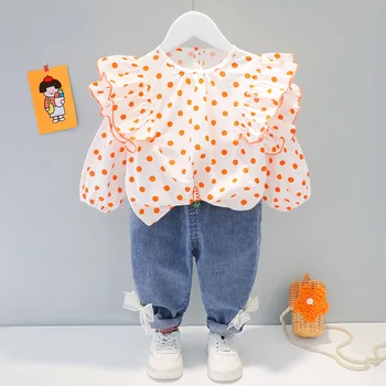 2021 jarné Oblečenie pre Dieťa Dieťa Dievča Dot-Pleated Čipky Golier + Dlhé Denim Luky Nohavice Deti Oblečenie 1 2 3 4 Rokov