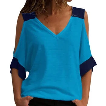 Vintage Žena Tshirts Color-blocking bez Ramienok výstrih, Krátke Sleeve T-Shirt Dámske Grafické T Košele Mujer Camisetas