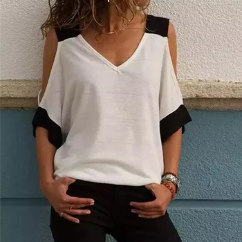 Vintage Žena Tshirts Color-blocking bez Ramienok výstrih, Krátke Sleeve T-Shirt Dámske Grafické T Košele Mujer Camisetas