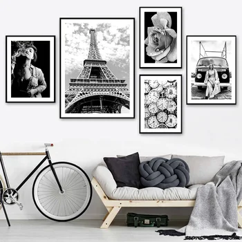 Black White Eiffelova Veža Dievča Kvet Auto Wall Art Plátno Na Maľovanie Nordic Plagáty A Potlačou Obrazov Na Stenu Pre Obývacia Izba Dekor