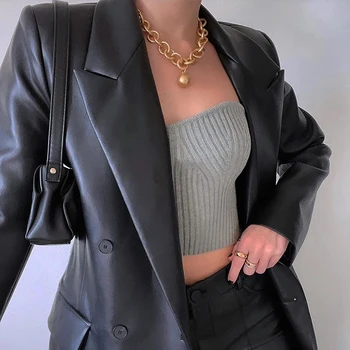 Retro chic fashion ženy bez rukávov tenký sveter 2021 Krátke lomka krku farbou lady top Sexy klub jar žena topy