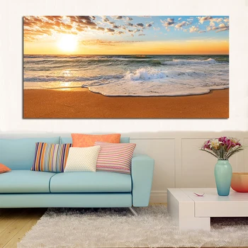 GOODECOR Prírodné Zlato Pláž Sunset Krajiny Plagáty a Vytlačí Plátno na Maľovanie na Stenu Umenie Obrázok pre Obývacia Izba Frameless