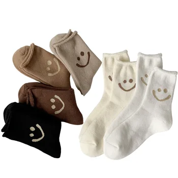 V Zime Teplé Termálne Ponožky Usmiate Ženy Trend Vlnené Ponožky Načechraný Fuzzy Cashmere Snehu Bavlna Biela Čierna Spacie Ponožky 2020 Nové