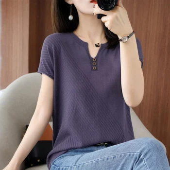 Veľké Veľkosti 4XL Knitwear T-Shirt Ženy tvaru Tlačidlo Lete Krátky Rukáv Pulóver Tee kórejský Štýl Tenký Voľné Bežné Zrastov Top