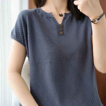 Veľké Veľkosti 4XL Knitwear T-Shirt Ženy tvaru Tlačidlo Lete Krátky Rukáv Pulóver Tee kórejský Štýl Tenký Voľné Bežné Zrastov Top