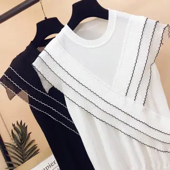 Tri vrstvy rozstrapatené šifón patchwork ice hodváb pletený sveter žena kórejská verzia O-krku tenký pulóver čierny biely top s 2021