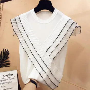 Tri vrstvy rozstrapatené šifón patchwork ice hodváb pletený sveter žena kórejská verzia O-krku tenký pulóver čierny biely top s 2021