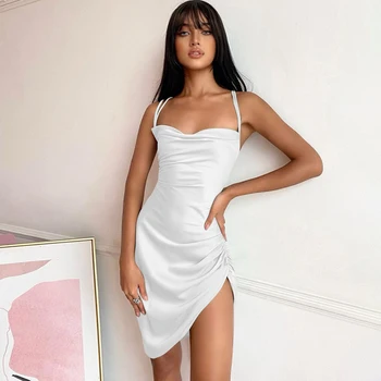 Bez rukávov Pevné Satin Backless Obväz Ruched Mini Šaty 2021 Lete Ženy Módy Sexy Party Club Clothings Dámske oblečenie