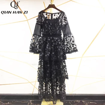 Qian Han Zi 2019 Módny Návrhár Dráhy Maxi šaty Žien'sFlare rukáv značky retro oka vyšívané čipky nášivka dlhé šaty