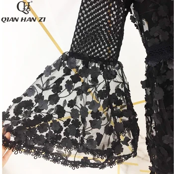 Qian Han Zi 2019 Módny Návrhár Dráhy Maxi šaty Žien'sFlare rukáv značky retro oka vyšívané čipky nášivka dlhé šaty