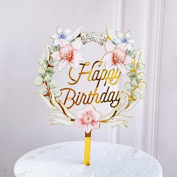 Nové Kvety Happy Birthday Akryl Tortu Vňaťou Farebné Narodeninovú Tortu Vňaťou Svadobné Deťom Narodeninovú oslavu Cake Decoration