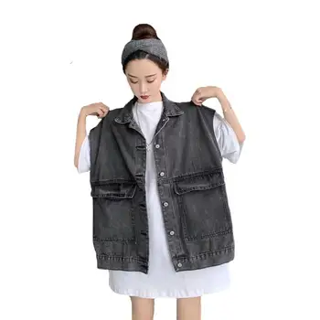 Denim vesta ženy voľné jeseň študent všestranný žien kórejská verzia Klope singel svojim vesta bez rukávov Bundy