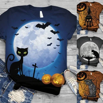 Jeseň Dámske Krátky Rukáv Lete Halloween Čierna Mačka Tlače T-shirt Tekvica 3D Tlač Kruhu Krku Bežné Topy Pre Ženy Móda