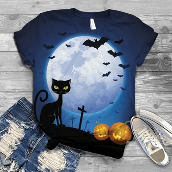 Jeseň Dámske Krátky Rukáv Lete Halloween Čierna Mačka Tlače T-shirt Tekvica 3D Tlač Kruhu Krku Bežné Topy Pre Ženy Móda