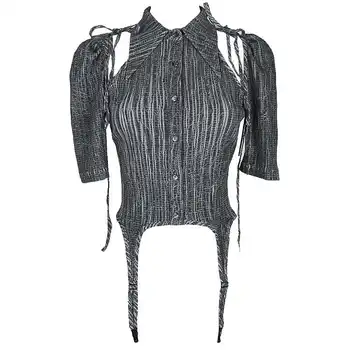 [EAM] Ženy Šedá Obväz Duté Z Nelegálnych Blúzka Nové Klope Polovičný Rukáv Voľné Nosenie Tričko Fashion Jar Leto 2021 1DD9749