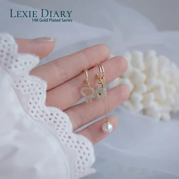 Lexie Denník Módne Luxusné 14k Reálne Pozlátené Náušnice Asymetrický Heart-shape Key Lock pre Ženy Príslušenstvo Šperky Svadobný Dar