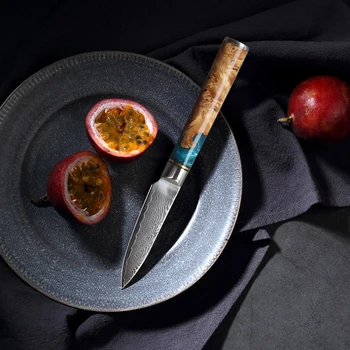 JUNSHNEG 3-palcový Multifunkčné Frézovanie Nôž na Ovocie Nôž 67 Vrstvy Damasku Čepeľ Živice + Drevená Rukoväť Nástroj Kuchár Nôž