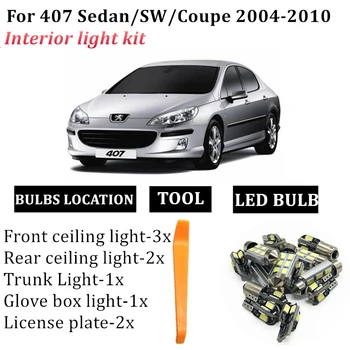 9x T10 Canbus LED Interiéru Vozidla Svetlo Auta Peugeot 407 Sedan/SW/Coupe 2004-2010 Mapu Dome batožinového priestoru Rukavice Políčko špz Osvetlenie