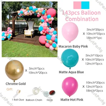143pcs Svadobné Dekorácie Baby Pink Balón Garland Arch Hot Pink Aqua Blue Gold Chrome Balón Baby Sprcha Dekor Narodeninovej Party