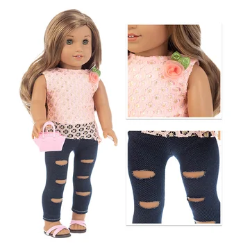 Nové Ružové tričko + vydlabaných Džínsy Pre 18-palcové American Doll Dievča Bábiku Šaty, Doplnky,Darčeky Pre Dieťa Dievča Hračky