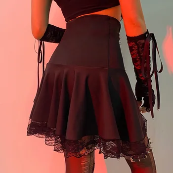 Čierna Čipka Lem Gotický Y2k Skladaná Sukňa Žena Punk V Štýle Indie Estetika Mini Sukne Sexy Okraj Vysoký Pás Emo Grunge Oblečenie