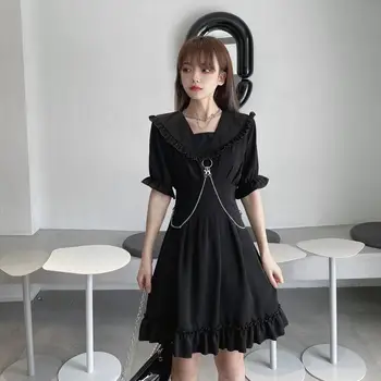Punk Tmavé Goth Mini Lady-line Šaty Solid Black Gotický Plus Veľkosť Dievča Šaty Volánikmi Kovový s Dlhým Reťazcom kórejský Módne Handričkou