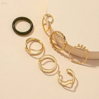 AOMU 7PCS/SET 2021 Kórea Módne Kovové Živice Prstene pre Ženy Geometrické Kolo Zlatá Farba Prsteň, Šperky Dary