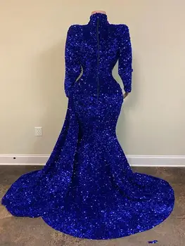 2021 Kráľovská Modrá Večerné Šaty Luxusné Lištovanie Sequined Vysoká krku otvor afriky Sweep Vlak Morská víla dlhý rukáv Prom Šaty