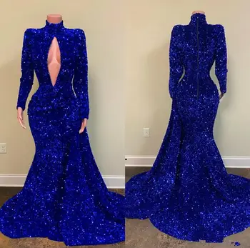 2021 Kráľovská Modrá Večerné Šaty Luxusné Lištovanie Sequined Vysoká krku otvor afriky Sweep Vlak Morská víla dlhý rukáv Prom Šaty