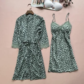 Ženy Sexy Kimono Župan Nastaviť Leopard Sleepwear Intímne Bielizeň Letné Nový Župan Šaty Bežné Odev Sexy Oblečenie Pre Voľný Čas