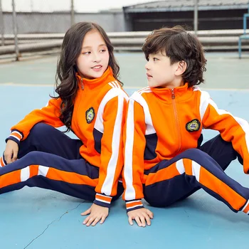 Jeseň Zima Základnej Školy Jednotné Hrubé Orange Bunda Tmavo Modré Nohavice Deti Športové Vyhovovali Materskej Škole Študent Oblečenie Oblečenie