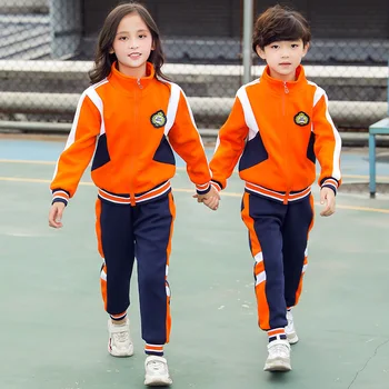 Jeseň Zima Základnej Školy Jednotné Hrubé Orange Bunda Tmavo Modré Nohavice Deti Športové Vyhovovali Materskej Škole Študent Oblečenie Oblečenie