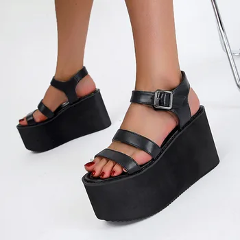 2021 Dizajn Značky Black Pohodlné Prechádzky Kliny Vysoké Podpätky Gotický Štýl Voľný Čas Platformu Sandále Letné Topánky Ženy