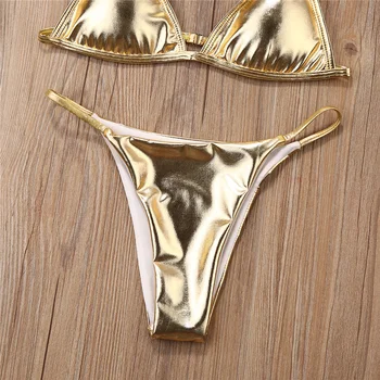 Ženy Fax Kožené Zlato Bikini Set Sequined Polstrovaná Zaniknúť Bandeau Plavky Lesk Pláži Plavky, Plavky