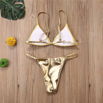 Ženy Fax Kožené Zlato Bikini Set Sequined Polstrovaná Zaniknúť Bandeau Plavky Lesk Pláži Plavky, Plavky