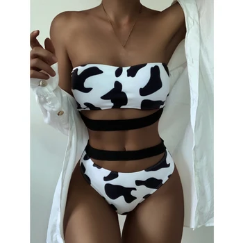 Mossha Krava vytlačené bandeau bikini set Retro dámske plavky žena Obväz vysoký pás bikini 2020 Push up plavky, plavky