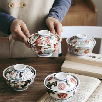 FANCITY Japonský štýl keramické guláš v kotlíku, malé polievka, pohár s viečkom, malé úžitkovej vody-dôkaz guláš cup, malé jedného vtáčie hniezdo