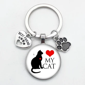 Radi Mačky, Pet Stopy Psov Sklo Cabochon Keychain Taška Auto Kľúč Reťazca Krúžok Držiak Charms Keychains pre Mužov, Ženy, Darčeky