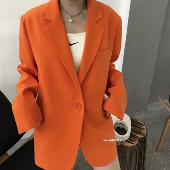 Jar, Jeseň 2021 Orange dámske Sako Módne Jedného Tlačidla Design Vyhovovali Golier Veľké Veľkosti, Ležérne Dlhý Rukáv Vyhovovali Kabát