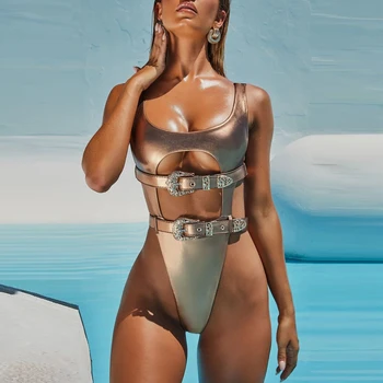 2020 Ženy Sexy Striebro Zlato Hnedé šampanské Špagety Popruhu pásu Módne Bikini Backless Klub Lete Sandy Beach Party Kombinézu