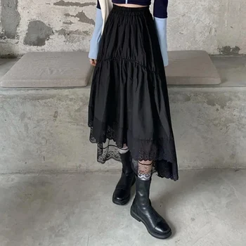 Black Gotický Čipky Šitie Nepravidelný Skladaná Sukňa Ženy Biela Vintage Vysoký Pás Dlhé Sukne Kórejský Pevné Hip Hop Streetwear
